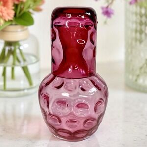 Vintage Fenton Cranberry Glass Tumble Up Set Carafe Cup Thumbprint Coin Dot MCM
